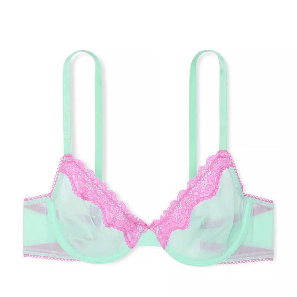 Victoria's Secret Tease Unlined Demi Bra 34DDD Aqua Pink Lace Trim NWT‎